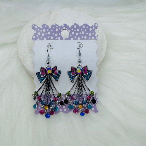 Chandelier Bow Rhinestone Statement Earrings Multicolored - Picture 1 of 3